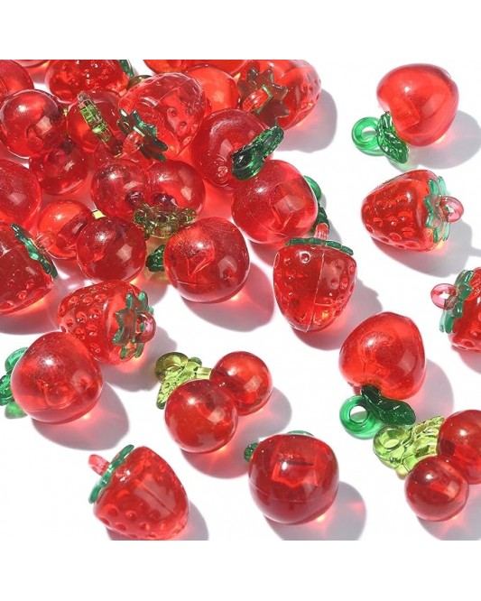 68Y3-10A 30 pieces 3 styles Clear acrylic plastic 3D Fruit pendant Red Strawberry Cherry pendant for DIY jewelry making and handcrafting