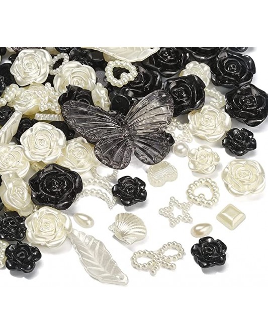 SZ15-22-50p-Mix Black White Flower Butterfly Resin Beads Nohole Charms for DIY